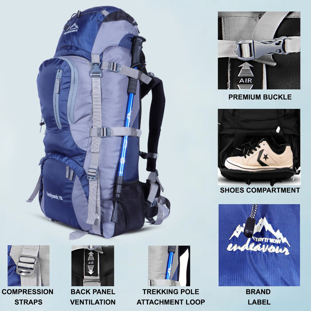 Endeavour Aerodynamic Rucksack For Hiking/Camping/Trekking with Rain Cover/Shoe & Laptop Compartment - 75 Ltr