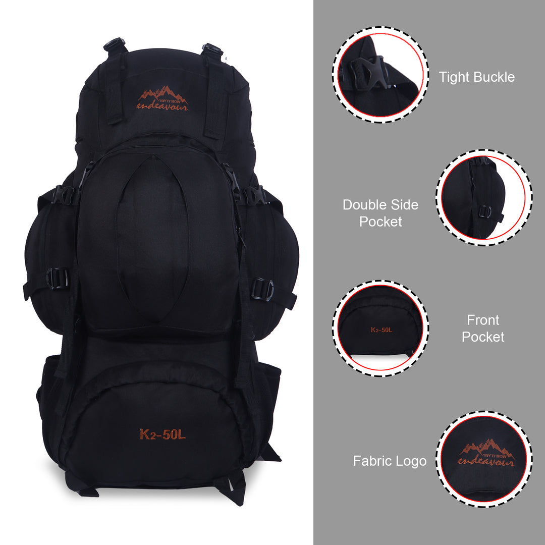 Endeavour K2 Military Rucksack For Hiking/Camping/Trekking with Rain Cover/Shoe & Laptop Compartment - 50 Ltr