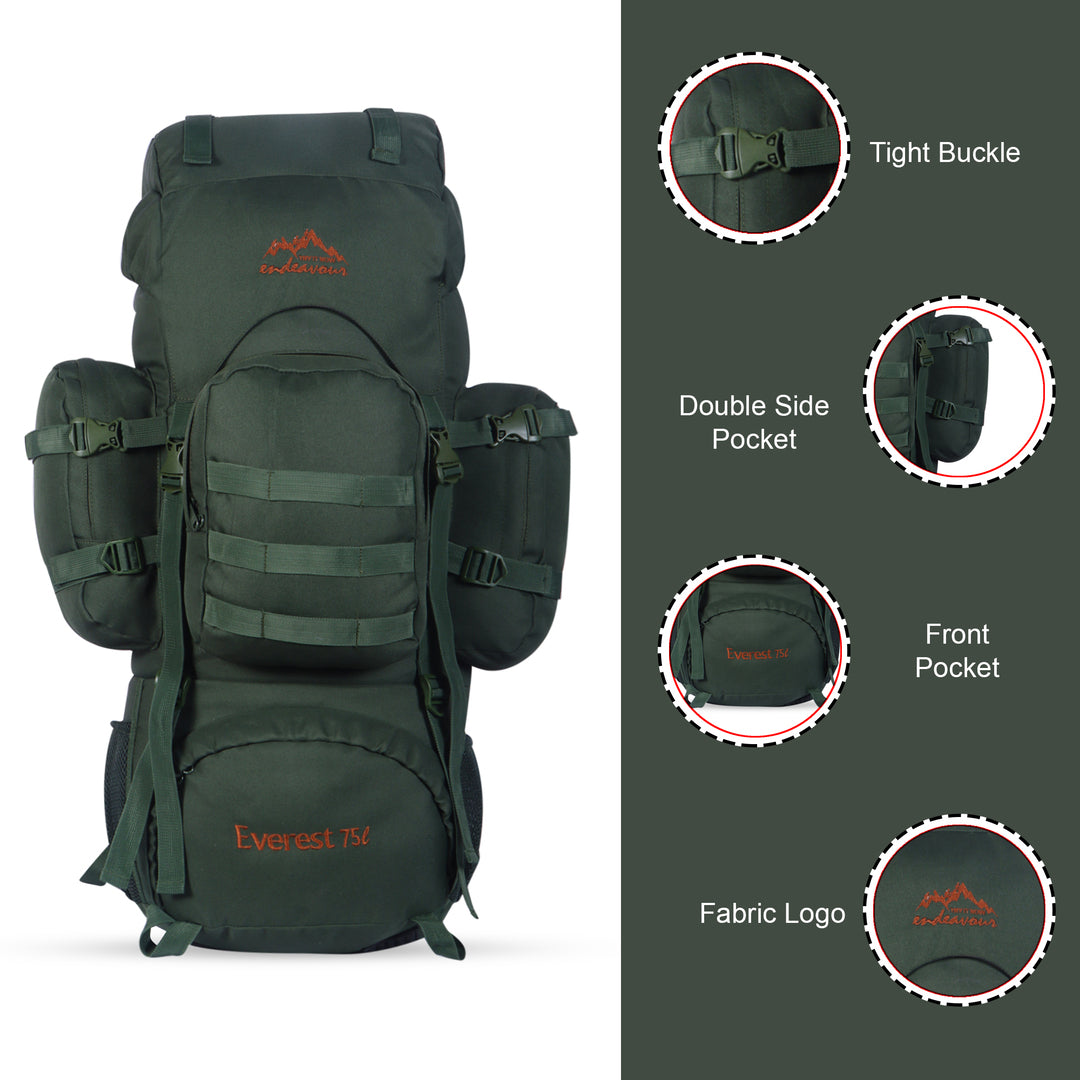 Endeavour Everest Military Rucksack For Hiking/Camping/Trekking with Rain Cover/Shoe & Laptop Compartment - 75 Ltr