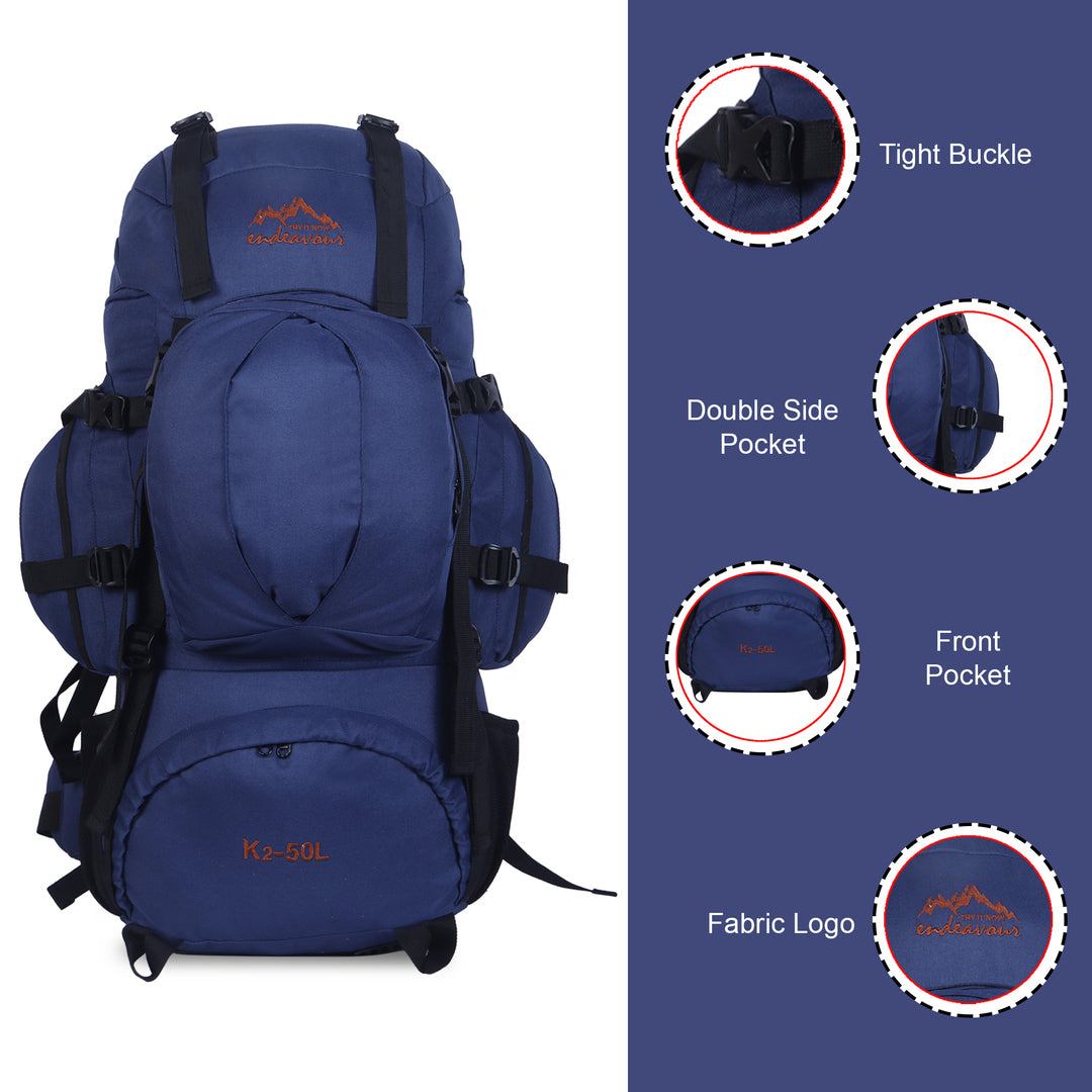 Endeavour K2 Military Rucksack For Hiking/Camping/Trekking with Rain Cover/Shoe & Laptop Compartment - 50 Ltr