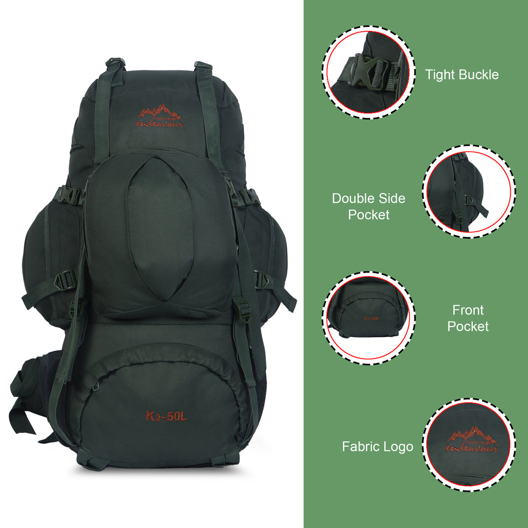 Endeavour K2 Military Rucksack For Hiking/Camping/Trekking with Rain Cover/Shoe & Laptop Compartment - 50 Ltr