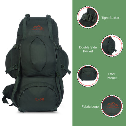 Endeavour K2 Military Rucksack For Hiking/Camping/Trekking with Rain Cover/Shoe & Laptop Compartment - 50 Ltr