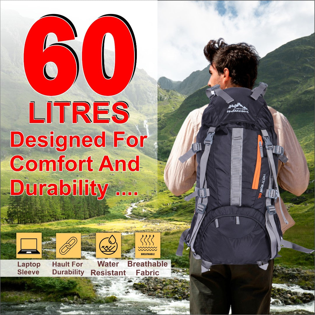 Endeavour Snow Rucksack for Hiking/Camping/Trekking with Rain Cover/Shoe & Laptop Compartment - 60 Ltr