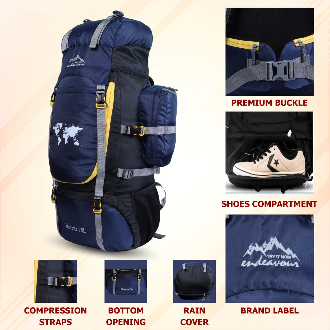 Endeavour Hampta Front Open Rucksack For Hiking/Camping/Trekking with Rain Cover/Shoe Compartment - 75 L