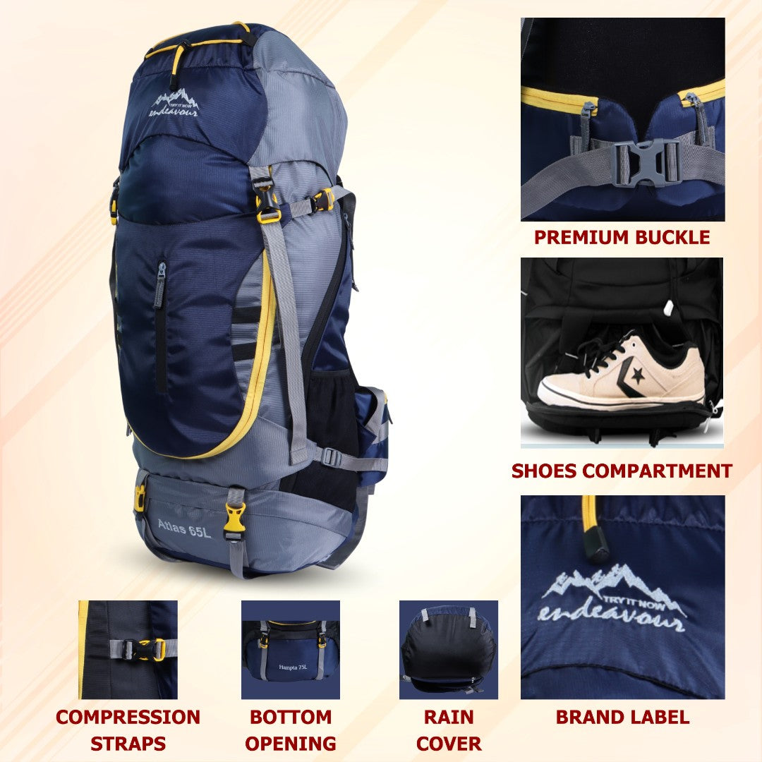 Endeavour Atlas Front Open Rucksack For Hiking/Camping/Trekking with Rain Cover/Shoe Compartment - 65 LTR