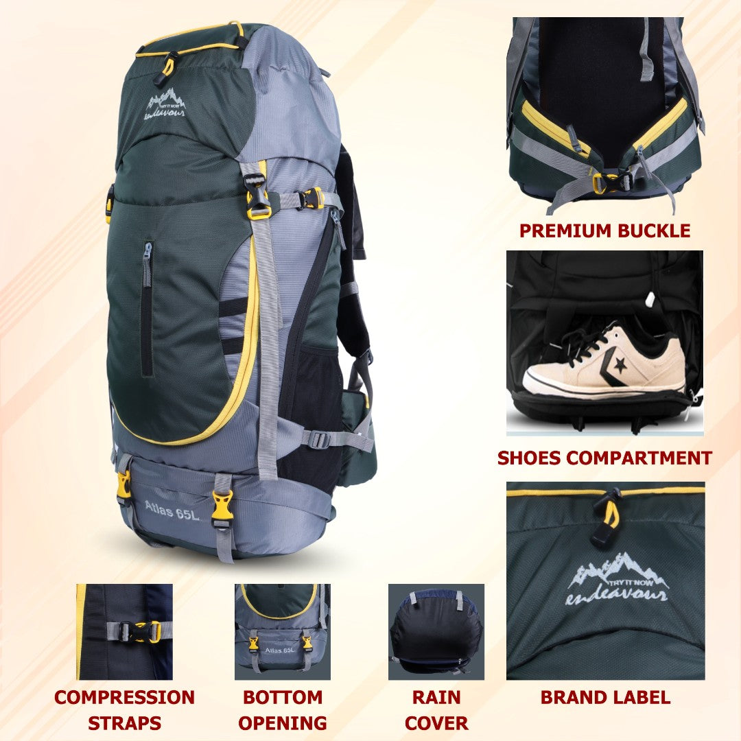 Endeavour Atlas Front Open Rucksack For Hiking/Camping/Trekking with Rain Cover/Shoe Compartment - 65 LTR