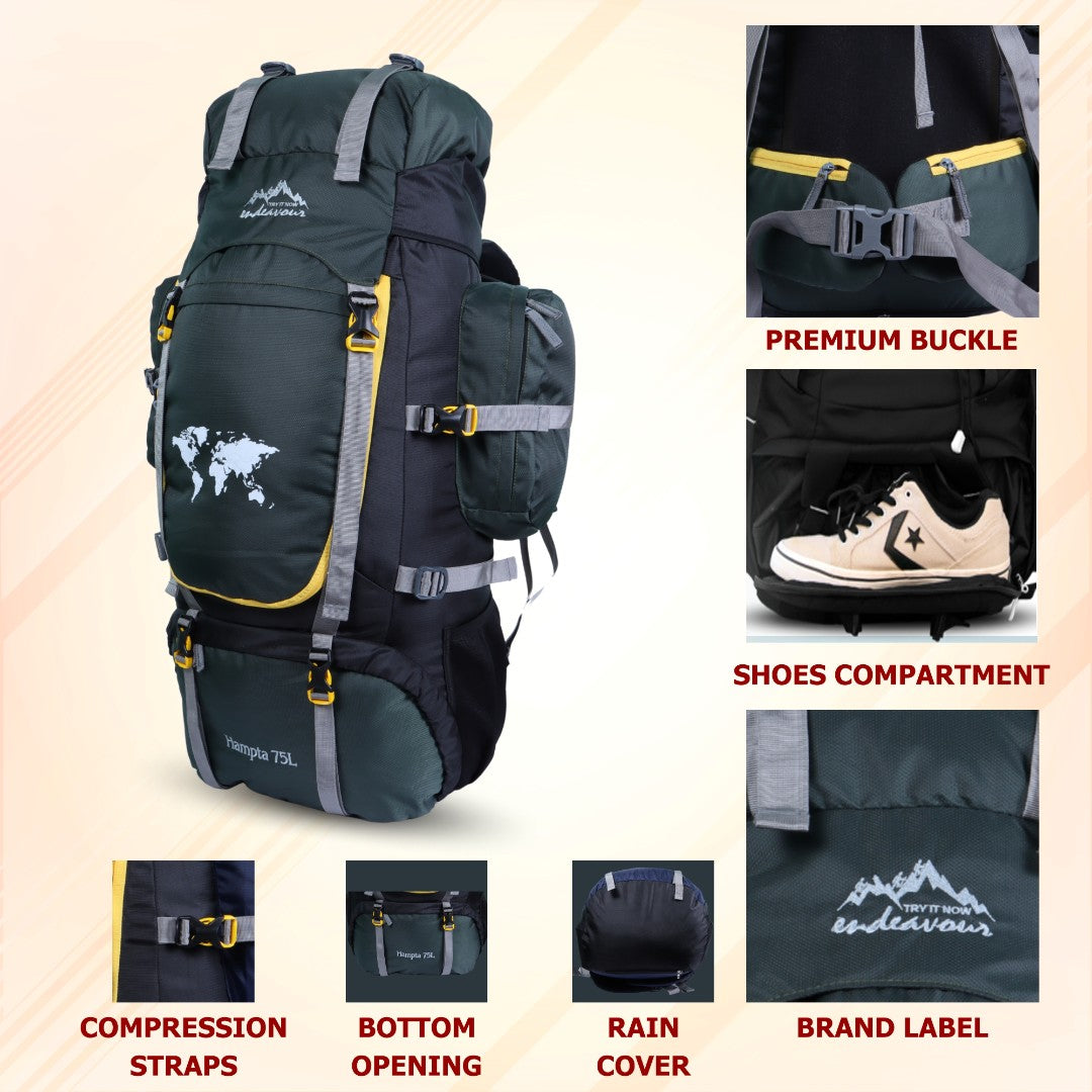 Endeavour Hampta Front Open Rucksack For Hiking/Camping/Trekking with Rain Cover/Shoe Compartment - 75 L